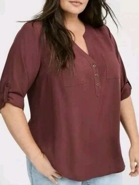 Torrid Harper 3/4 Sleeve Button Front Shirt, Dark Orange Pocket Blouse, Size 2